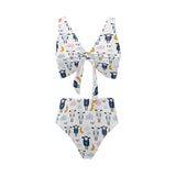 Cute sleeping sheep moon cloud pattern Chest Bowknot High Waisted Bikini Swimsuit