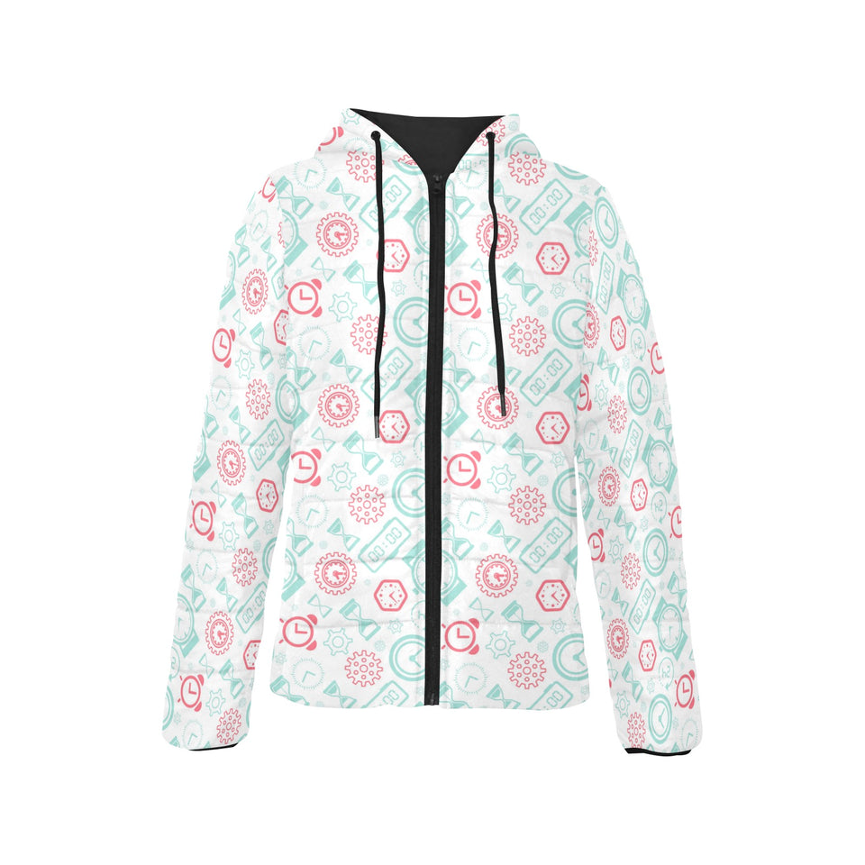 Clock time pattern blackground Women's Padded Hooded Jacket