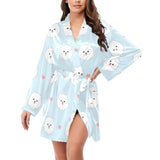 White cute pomeranian pattern Women's Long Sleeve Belted Night Robe