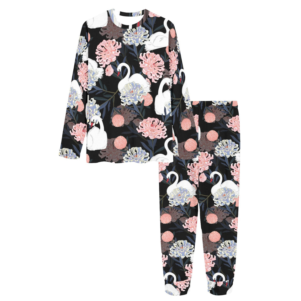 white swan blooming flower pattern Women's All Over Print Pajama Set