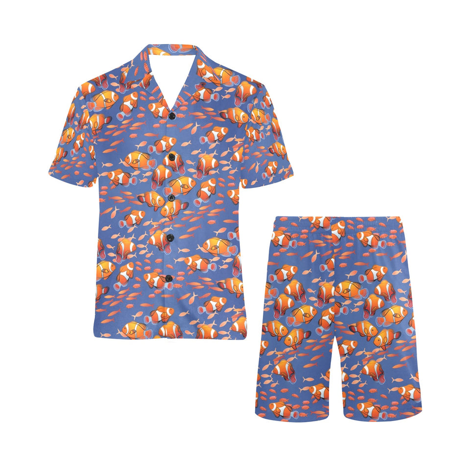 Clown Fish Pattern Print Design 04 Men's V-Neck Short Pajama Set