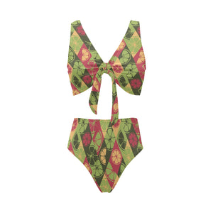 Cool Geometric lime pattern Chest Bowknot High Waisted Bikini Swimsuit