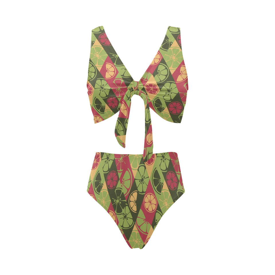 Cool Geometric lime pattern Chest Bowknot High Waisted Bikini Swimsuit