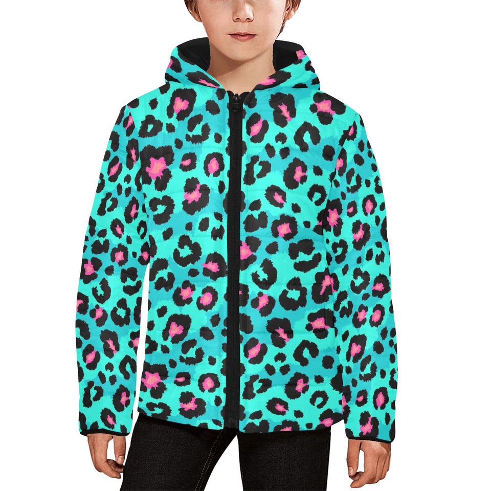 Green leopard skin print pattern Kids' Boys' Girls' Padded Hooded Jacket