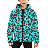Green leopard skin print pattern Kids' Boys' Girls' Padded Hooded Jacket