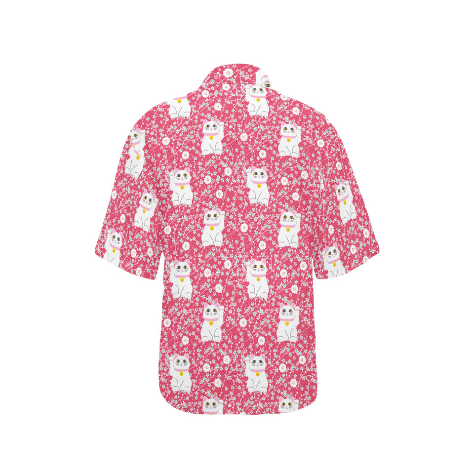 Maneki neko cat sakura pink background Women's All Over Print Hawaiian Shirt