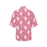 Maneki neko cat sakura pink background Women's All Over Print Hawaiian Shirt