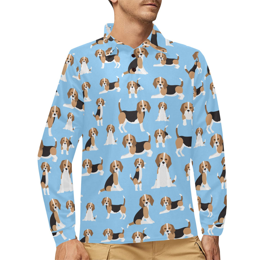 Beagle dog blue background pattern Men's Long Sleeve Polo Shirt