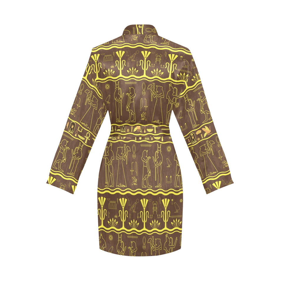 Egypt Hieroglyphics Pattern Print Design 03 Women's Long Sleeve Belted Night Robe