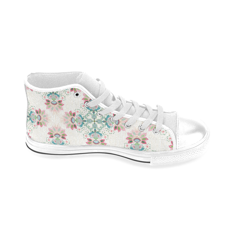 Square floral indian flower pattern Men's High Top Canvas Shoes White
