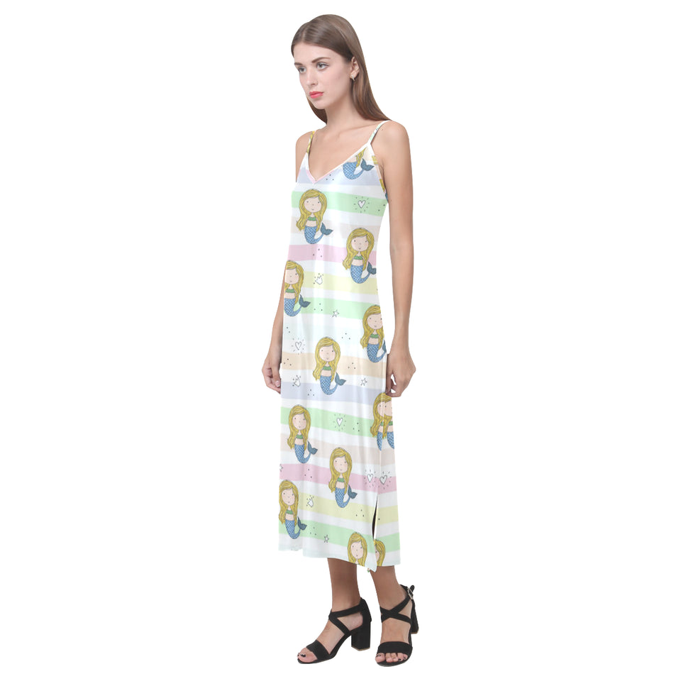 Cute hand drawn mermaid V-Neck Open Fork Long Dress
