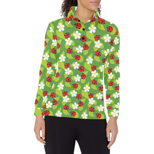 Ladybug Pattern Print Design 01 Women's Long Sleeve Polo Shirt