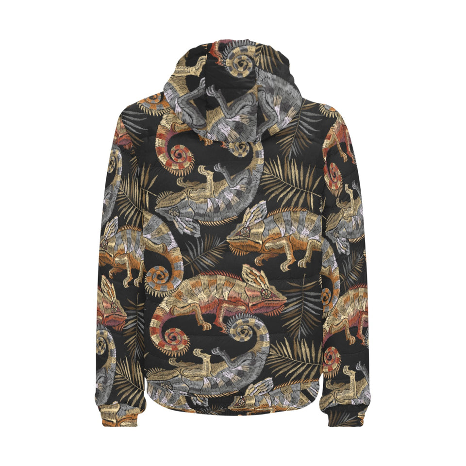 Chameleon lizard tropical leaves palm tree Men's Padded Hooded Jacket