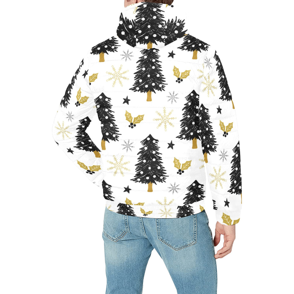 Christmas tree holly snow star pattern Men's Padded Hooded Jacket