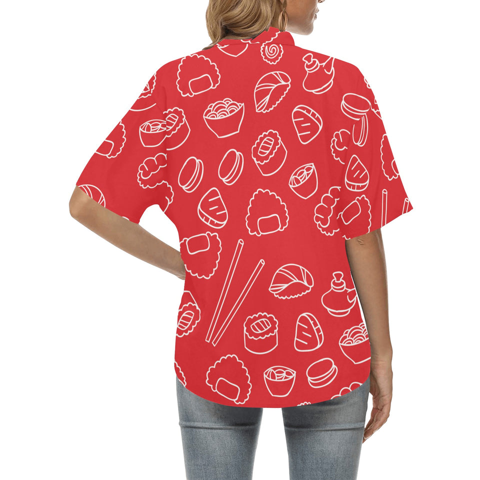 sushi pattern red background Women's All Over Print Hawaiian Shirt