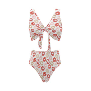 Lips Pattern Print Design 04 Chest Bowknot High Waisted Bikini Swimsuit