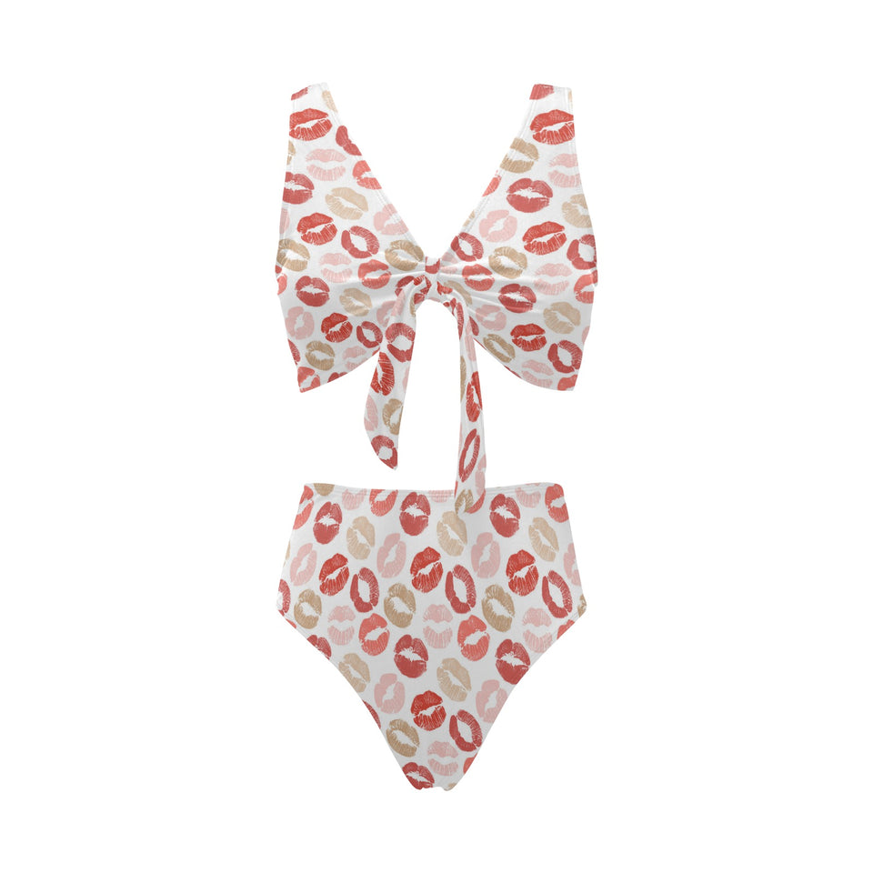 Lips Pattern Print Design 04 Chest Bowknot High Waisted Bikini Swimsuit