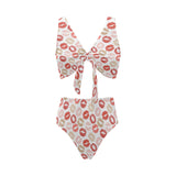 Lips Pattern Print Design 04 Chest Bowknot High Waisted Bikini Swimsuit