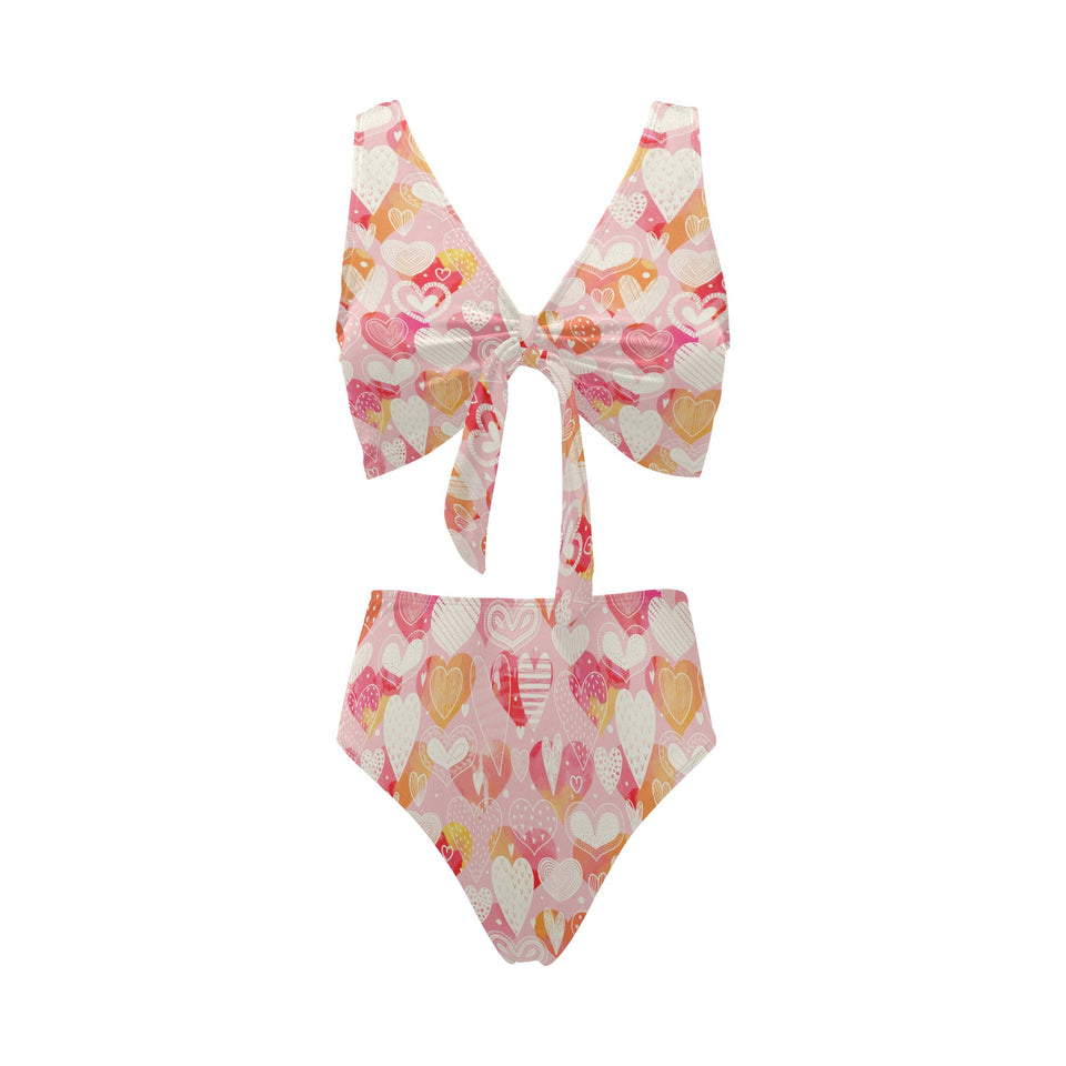 Hand drawn heart design pattern Chest Bowknot High Waisted Bikini Swimsuit