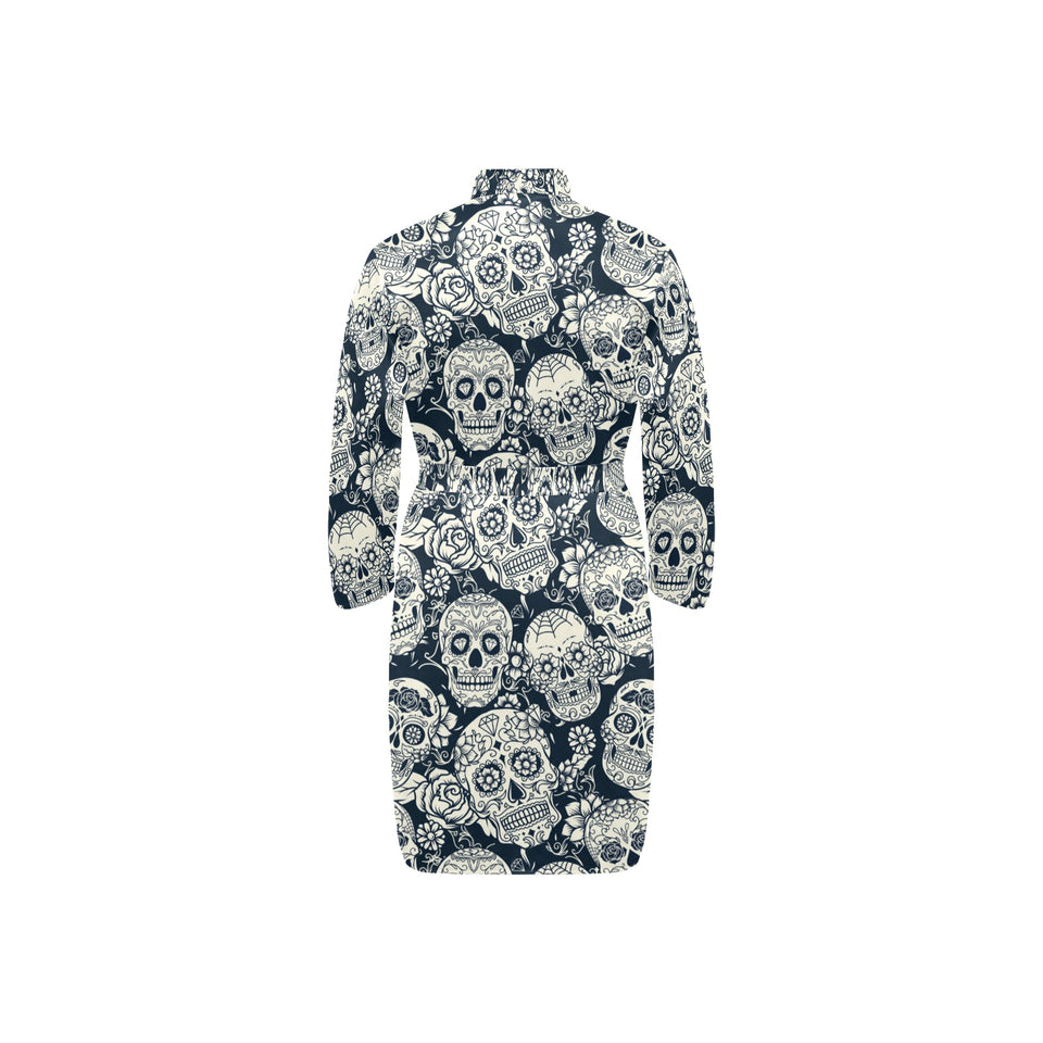 Sugar skull black white pattern Men's Long Sleeve Belted Night Robe