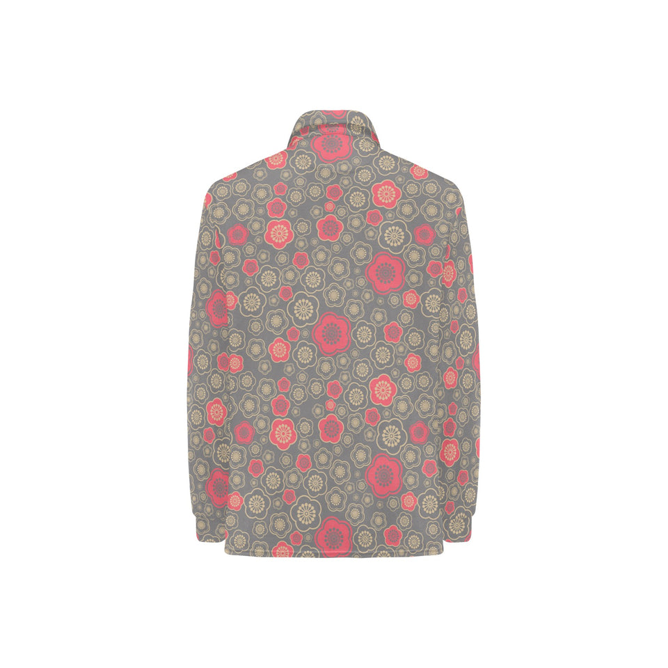 Red gold Sakura cherry blossom gray background Women's Long Sleeve Polo Shirt