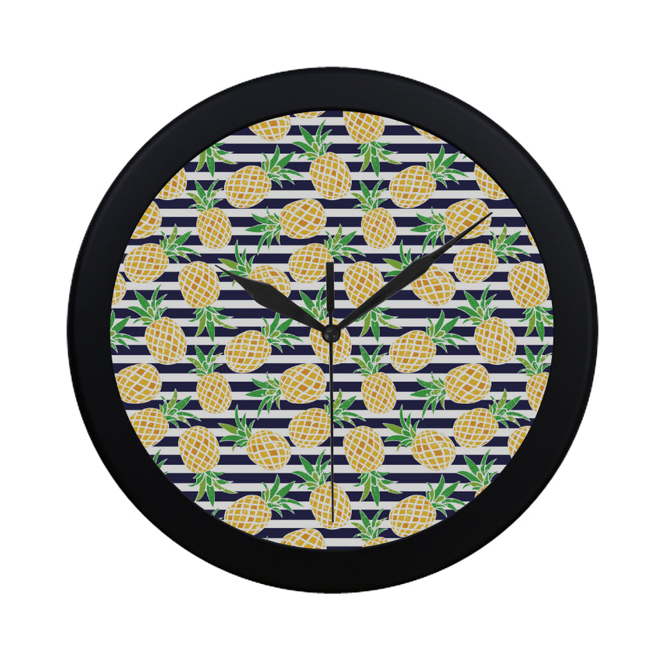Pineapples pattern striped background Elegant Black Wall Clock