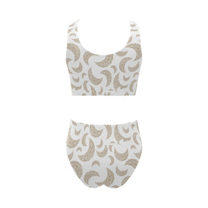 Cool gold moon abstract pattern Chest Bowknot High Waisted Bikini Swimsuit