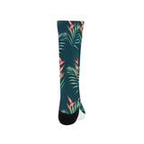 heliconia flowers, palm and monstera leaves on bla Crew Socks