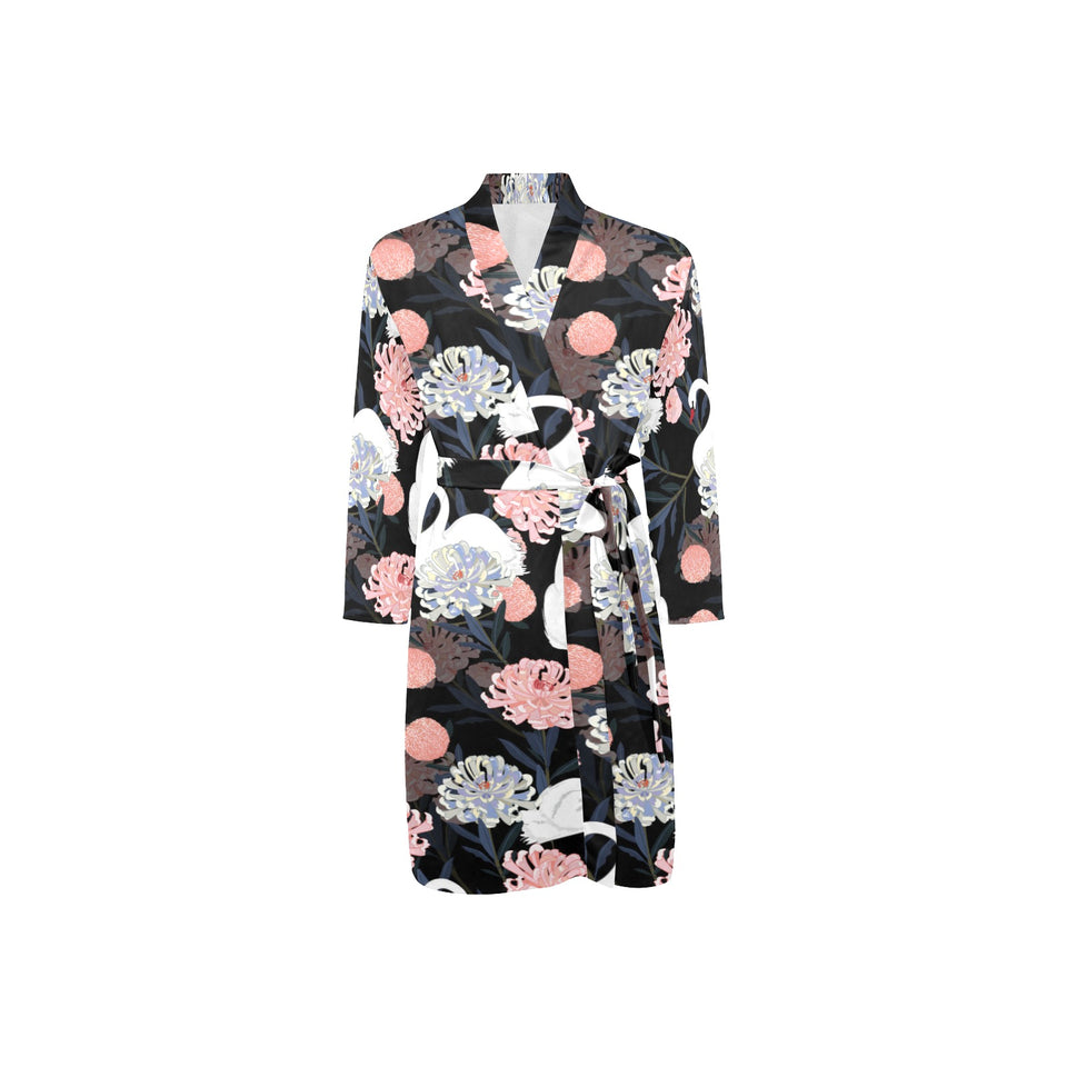 white swan blooming flower pattern Men's Long Sleeve Belted Night Robe