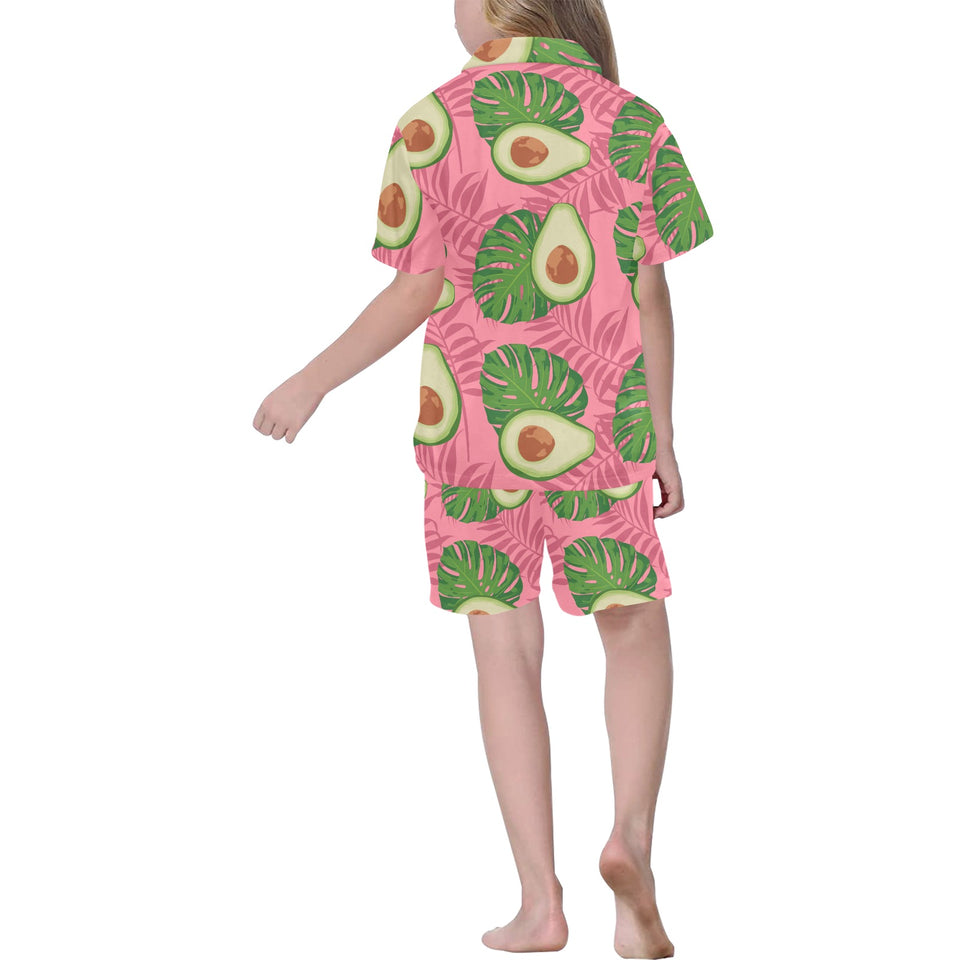 Avocado slices leaves pink back ground Kids' Boys' Girls' V-Neck Short Pajama Set