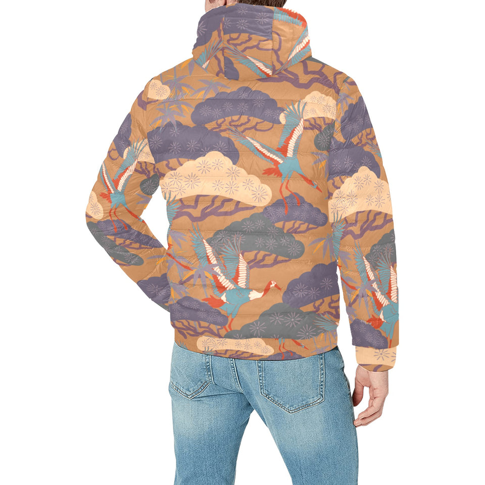 Bonsai bamboo stork japanese pattern brown theme Men's Padded Hooded Jacket