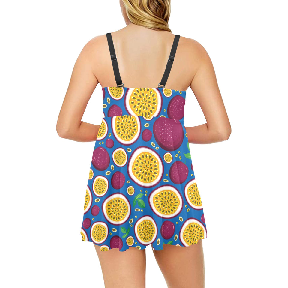 Passion fruit blue background Chest Sexy Pleated Two Piece Swim Dress