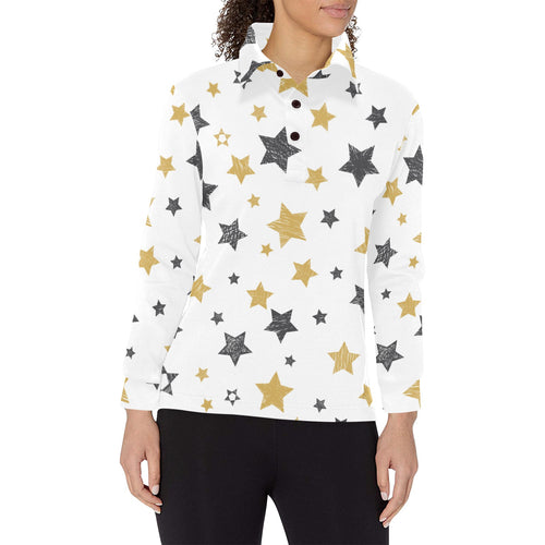hand drawn gold black star pattern Women's Long Sleeve Polo Shirt