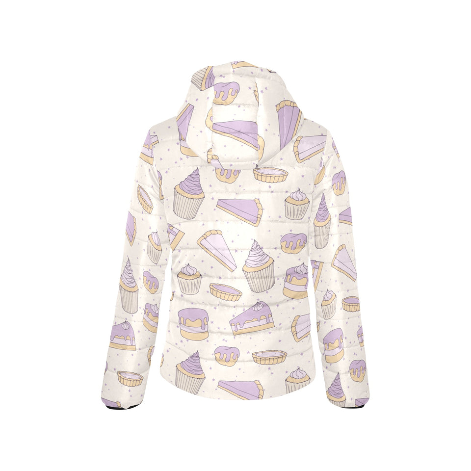 Cakes pies tarts muffins and eclairs purple bluebe Women's Padded Hooded Jacket