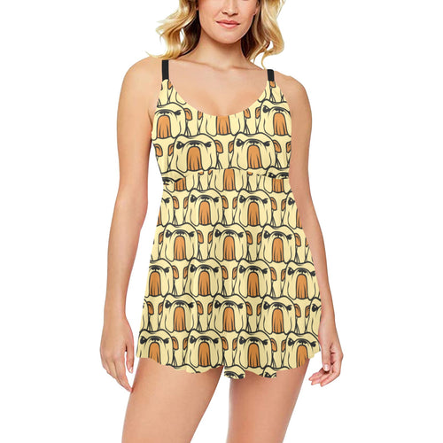 English Bulldog Pattern Print Design 02 Chest Sexy Pleated Two Piece Swim Dress