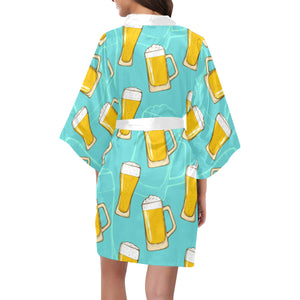 Beer pattern green background Women's Short Kimono Robe