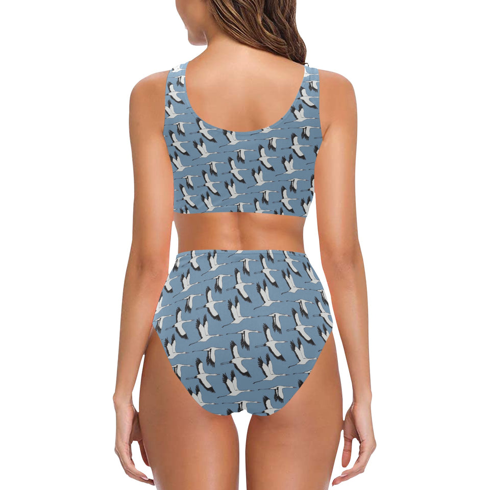 Seagull Pattern Print Design 04 Chest Bowknot High Waisted Bikini Swimsuit