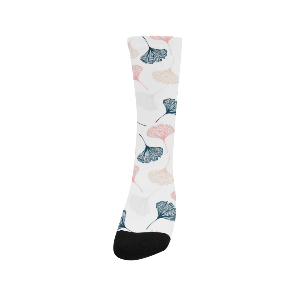 Black Gray Cream coral ginkgo leaves pattern Crew Socks