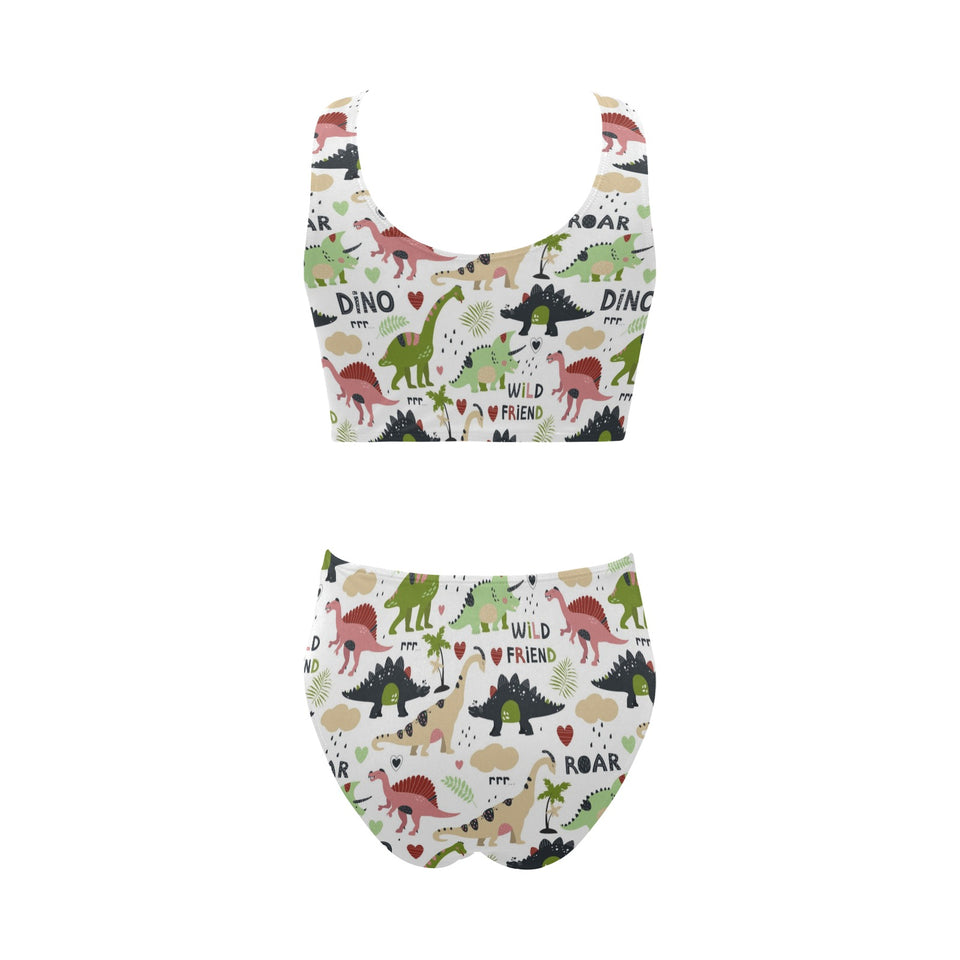 Cute dinosaurs pattern Chest Bowknot High Waisted Bikini Swimsuit