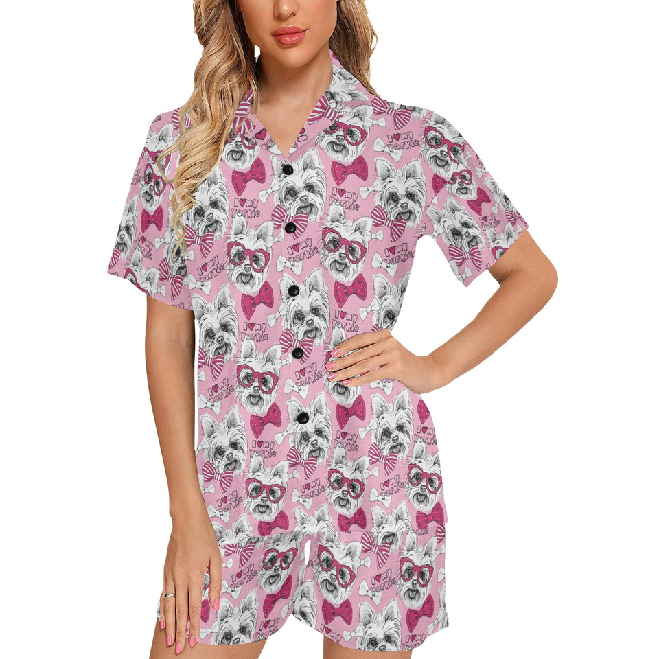 Yorkshire Terrier Pattern Print Design 03 Women's V-Neck Short Pajama Set