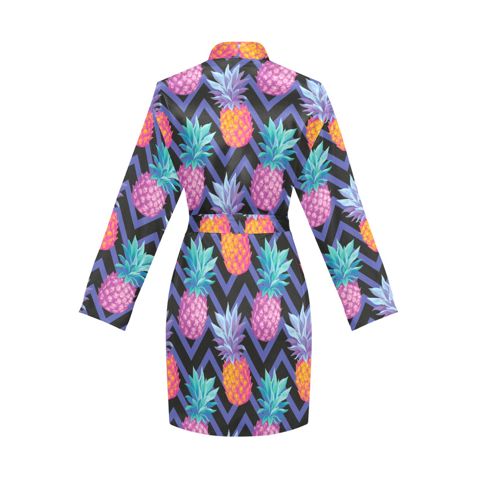 Pineapples pattern zigzag background Women's Long Sleeve Belted Night Robe