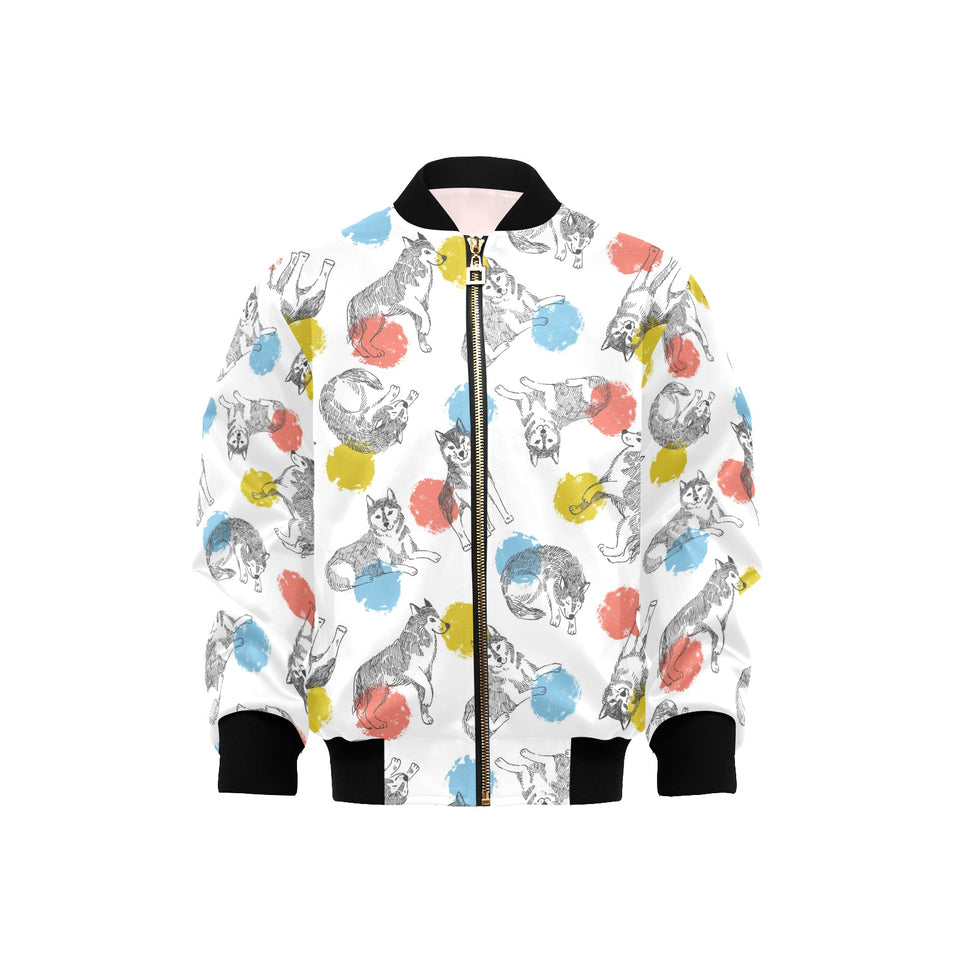 Siberian husky and colorful circle pattern Kids' Boys' Girls' Bomber Jacket
