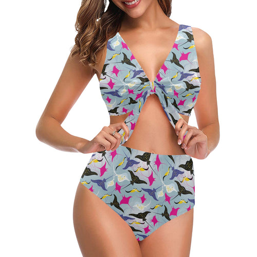 Stingray Pattern Print Design 01 Chest Bowknot High Waisted Bikini Swimsuit