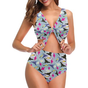 Stingray Pattern Print Design 01 Chest Bowknot High Waisted Bikini Swimsuit