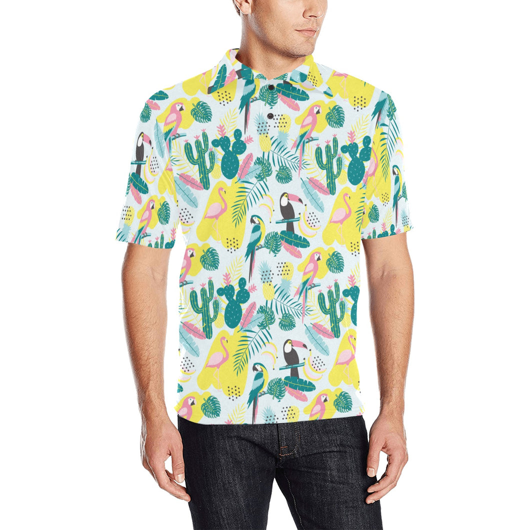 Cute parrot toucan flamingo cactus exotic leaves p Men's All Over Print Polo Shirt