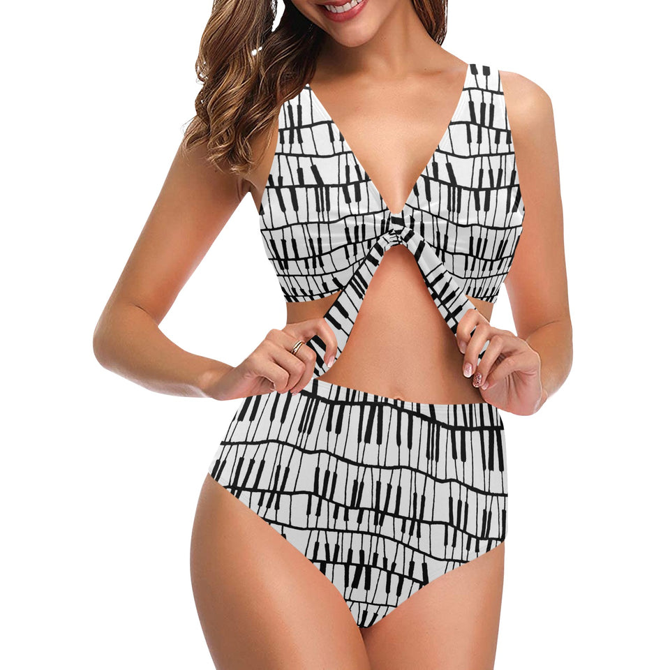 Piano Pattern Print Design 03 Chest Bowknot High Waisted Bikini Swimsuit