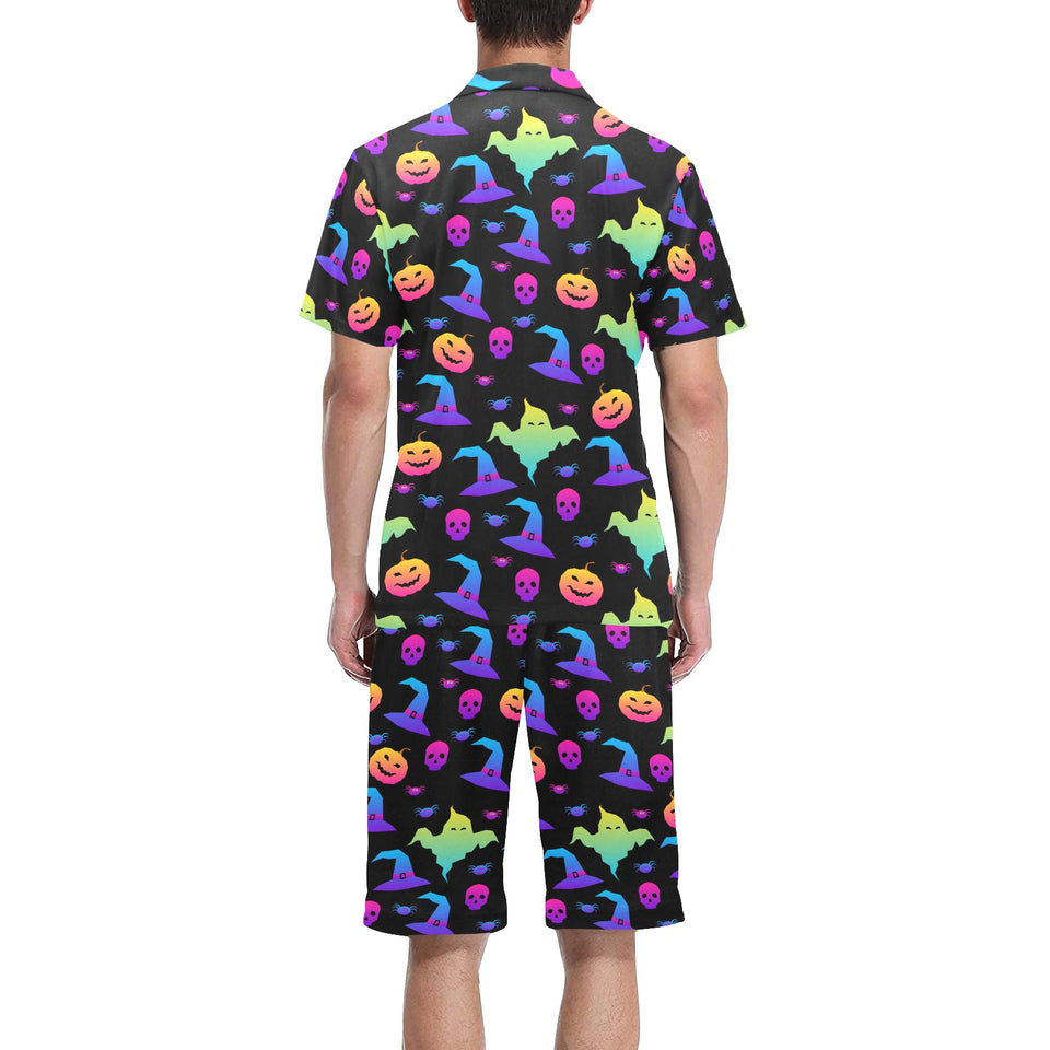 Colorful halloween background Men's V-Neck Short Pajama Set