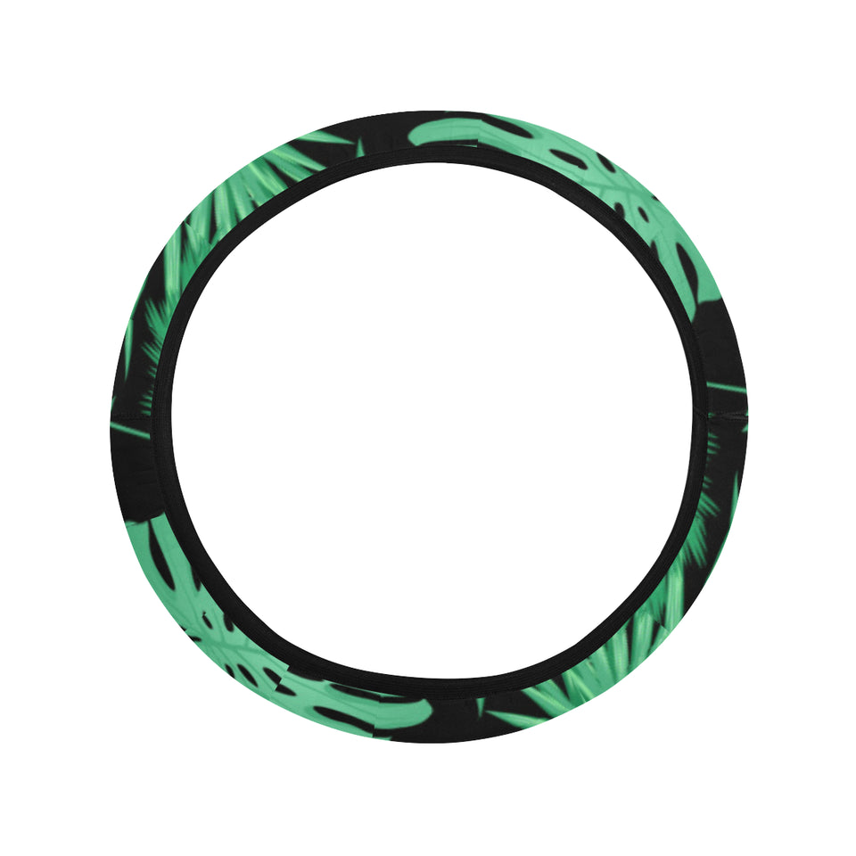 heliconia flower palm monstera leaves black backgr Car Steering Wheel Cover
