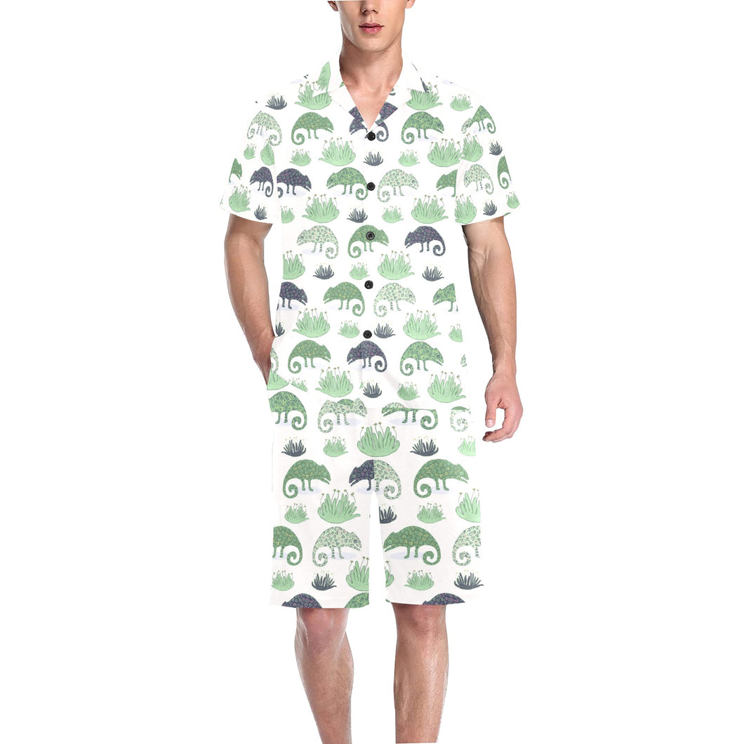 Chameleon lizard succulent plant pattern Men's V-Neck Short Pajama Set