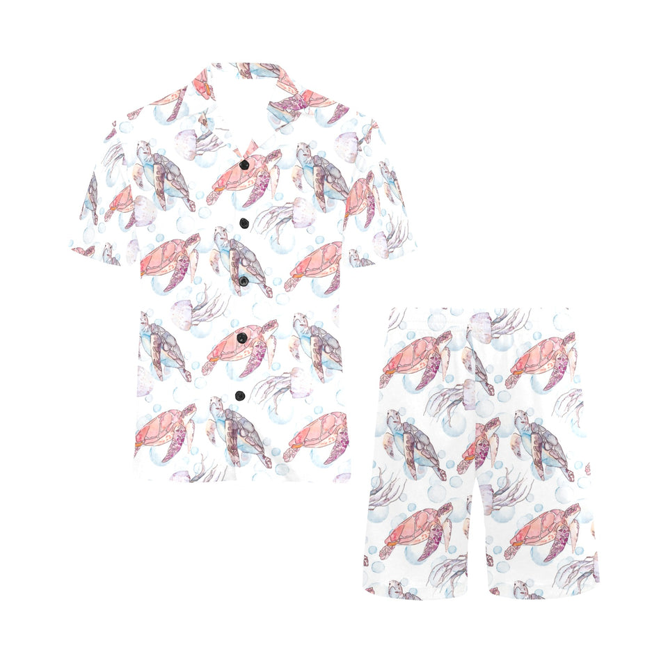 Watercolor sea turtle jellyfish pattern Men's V-Neck Short Pajama Set